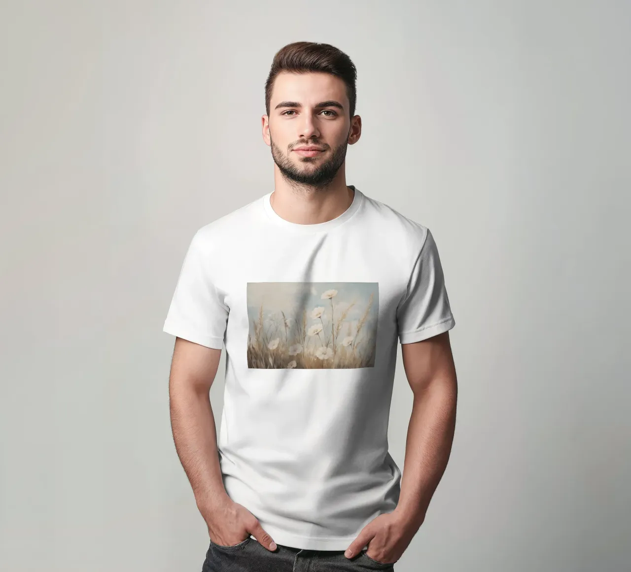 Campo tranquillo di erbe alte e fiori bianchi t-shirt da Melloi Art Print