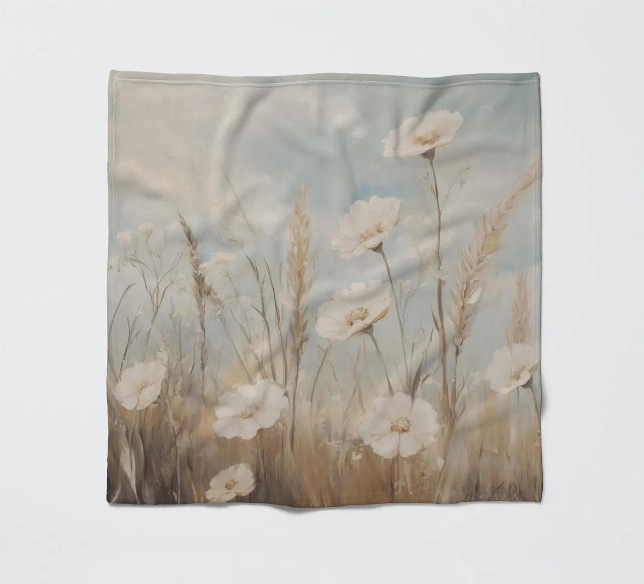 Campo tranquillo di erbe alte e fiori bianchi coperta in pile da Melloi Art Print