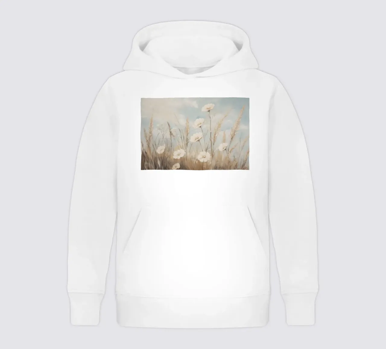 Campo tranquillo di erbe alte e fiori bianchi felpa bambino con cappuccio da Melloi Art Print