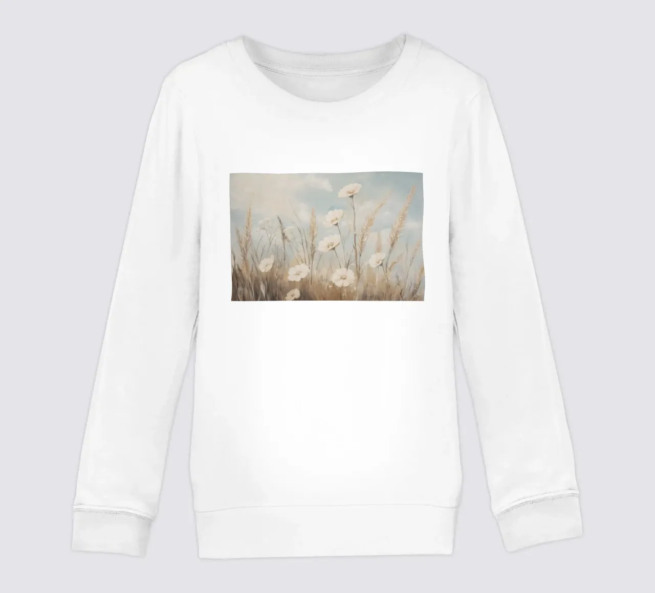 Campo tranquillo di erbe alte e fiori bianchi felpa bambino da Melloi Art Print