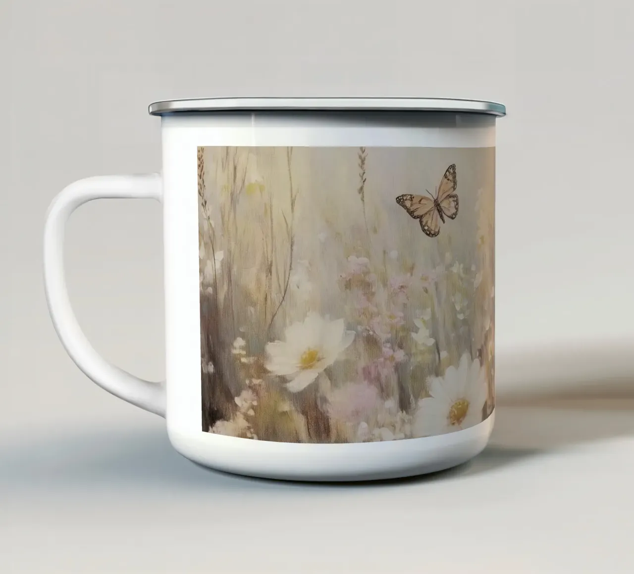 Prato con farfalle e fiori tazza in smalto da Melloi Art Print
