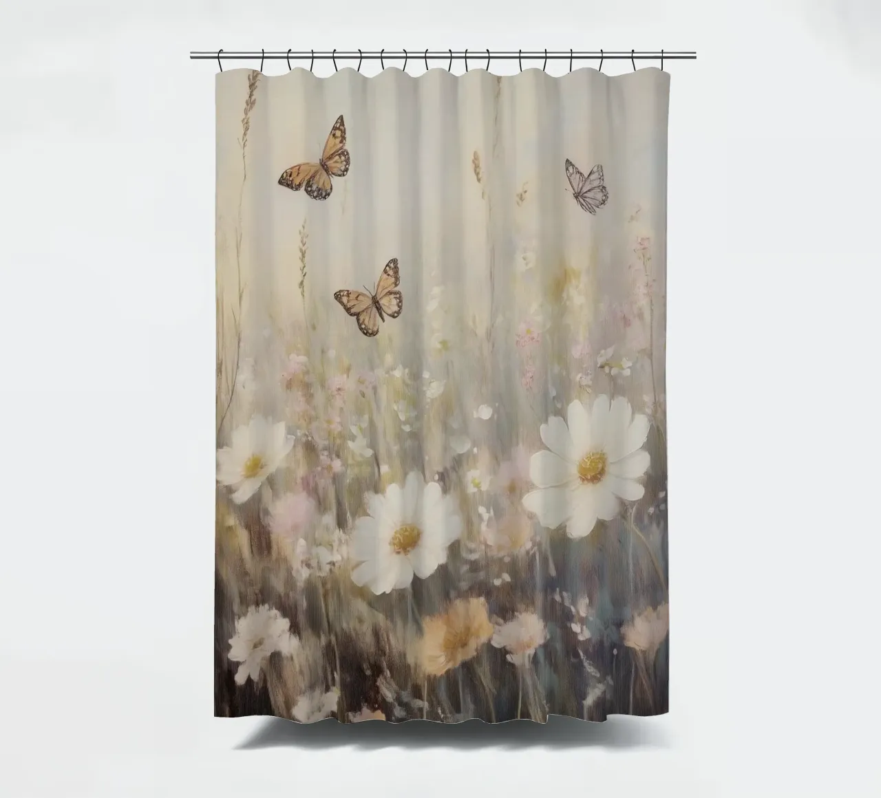Prato con farfalle e fiori tenda da doccia da Melloi Art Print