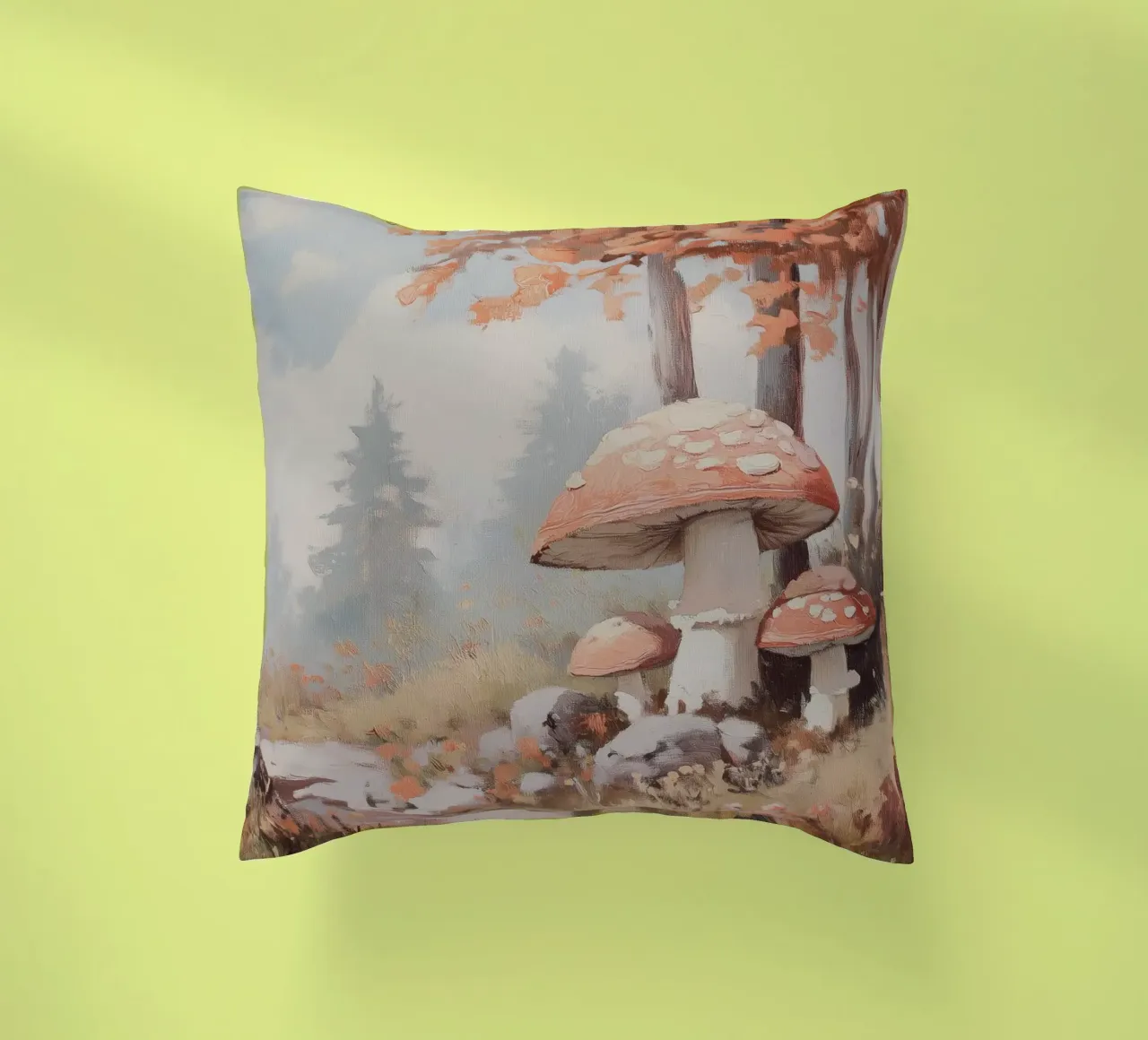 Foresta con funghi incantevoli cuscino da Melloi Art Print