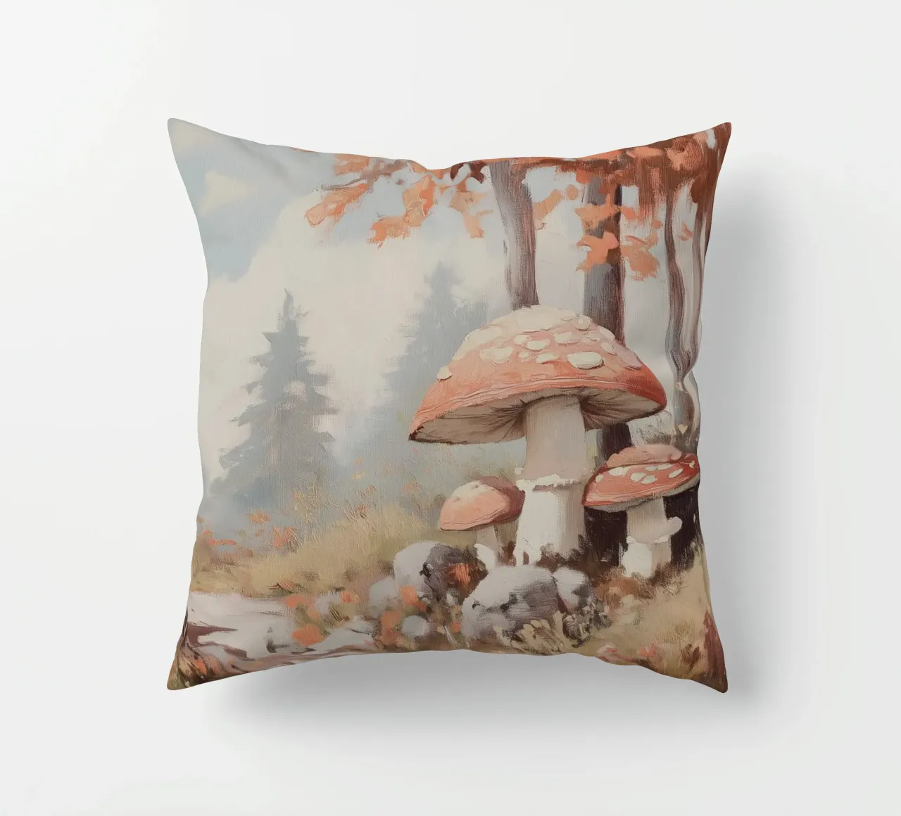 Foresta con funghi incantevoli cuscino da Melloi Art Print