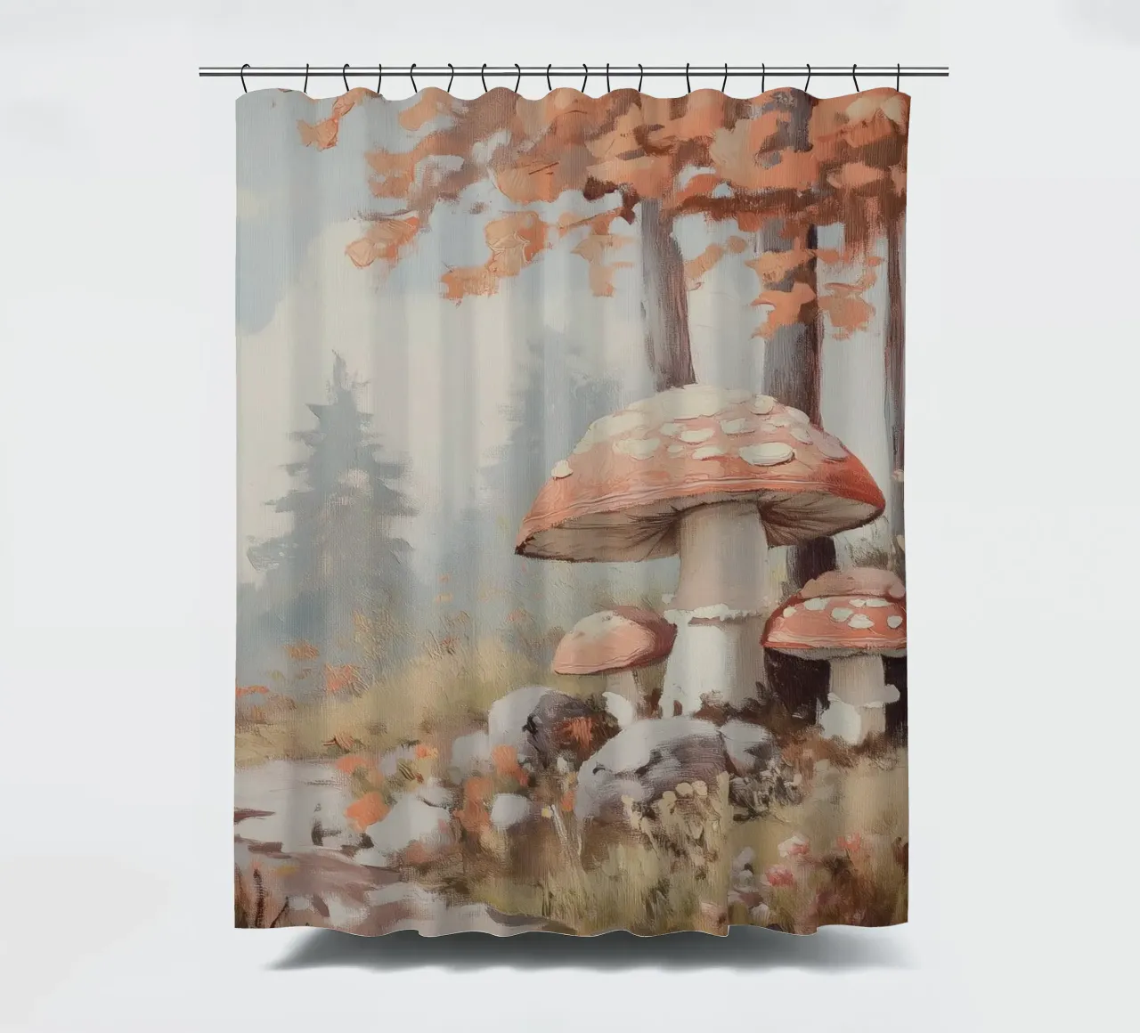 Foresta con funghi incantevoli tenda da doccia da Melloi Art Print
