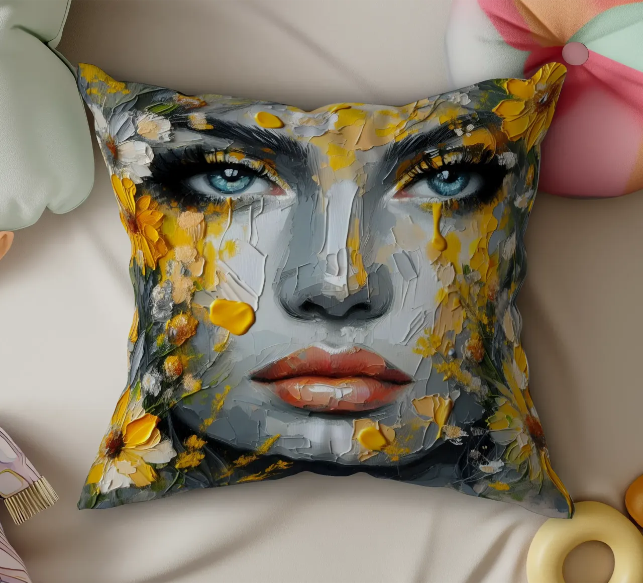 Ritratto di fiori gialli e arancioni cuscino da ARTOMATIC