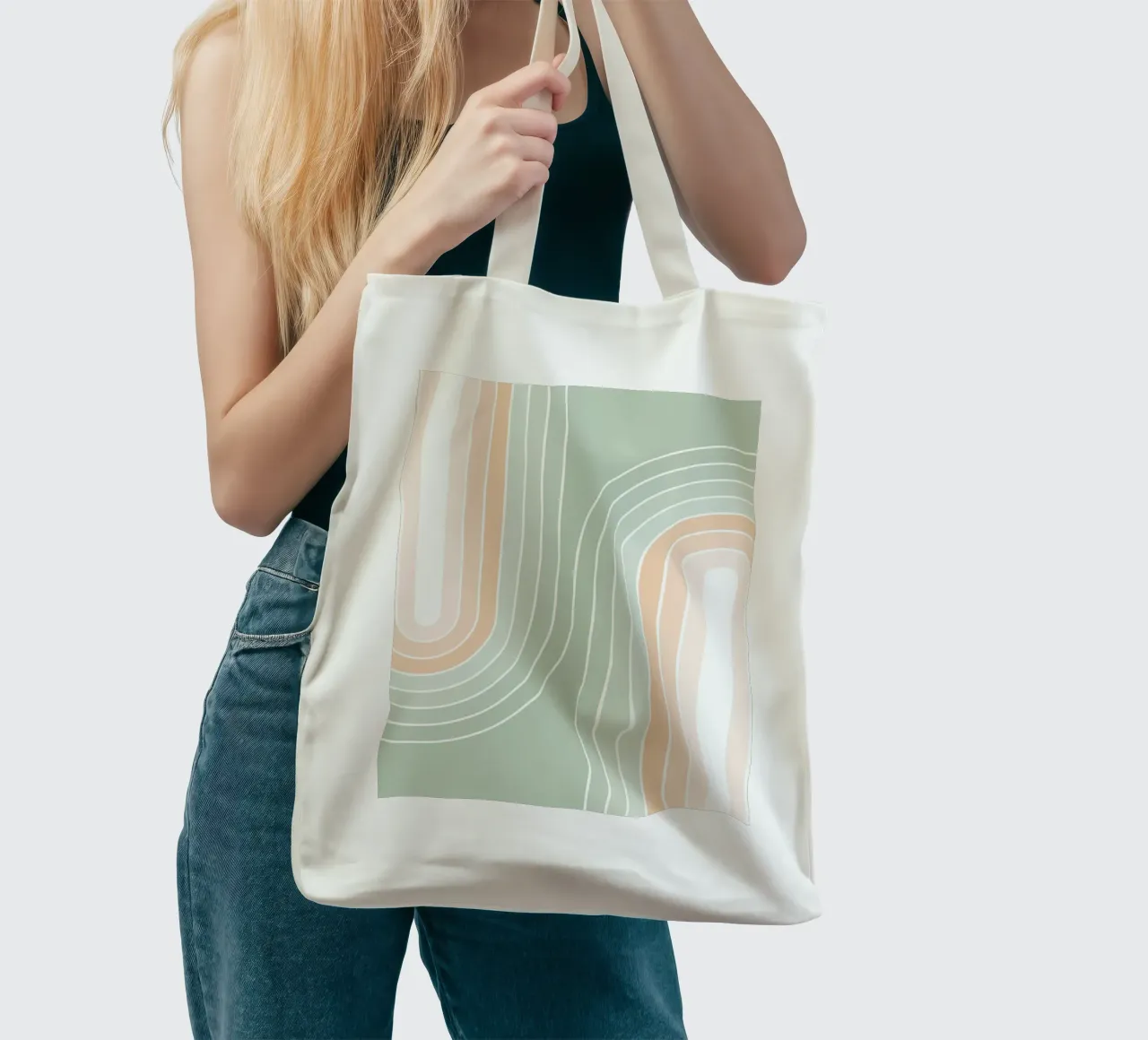 Doppio arcobaleno retrò - Verde salvia pastello e pesca fuzz borsa in juta da Dominique Vari Abstract