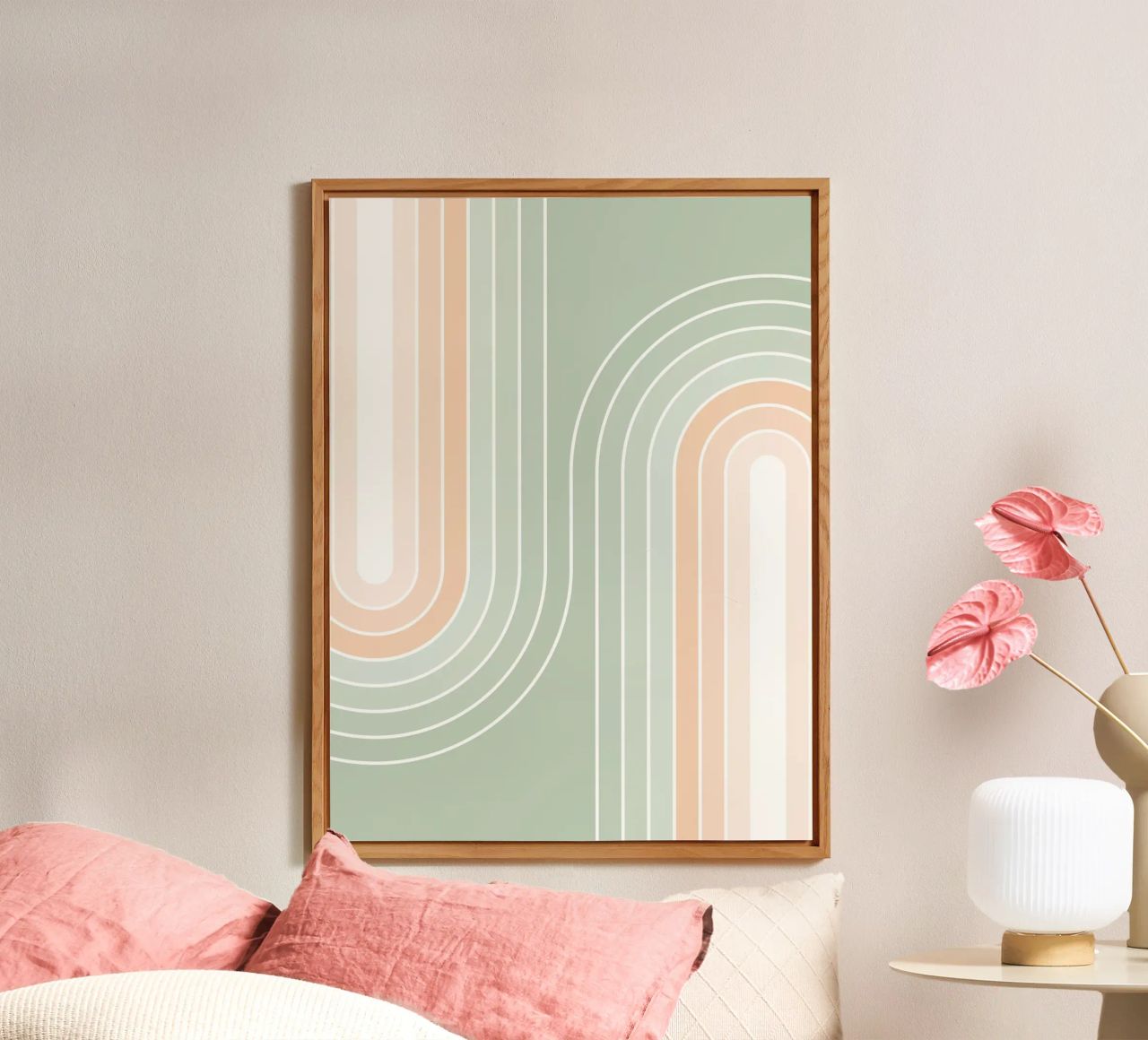 Doppio arcobaleno retrò - Verde salvia pastello e pesca fuzz alluminio dibond da Dominique Vari Abstract
