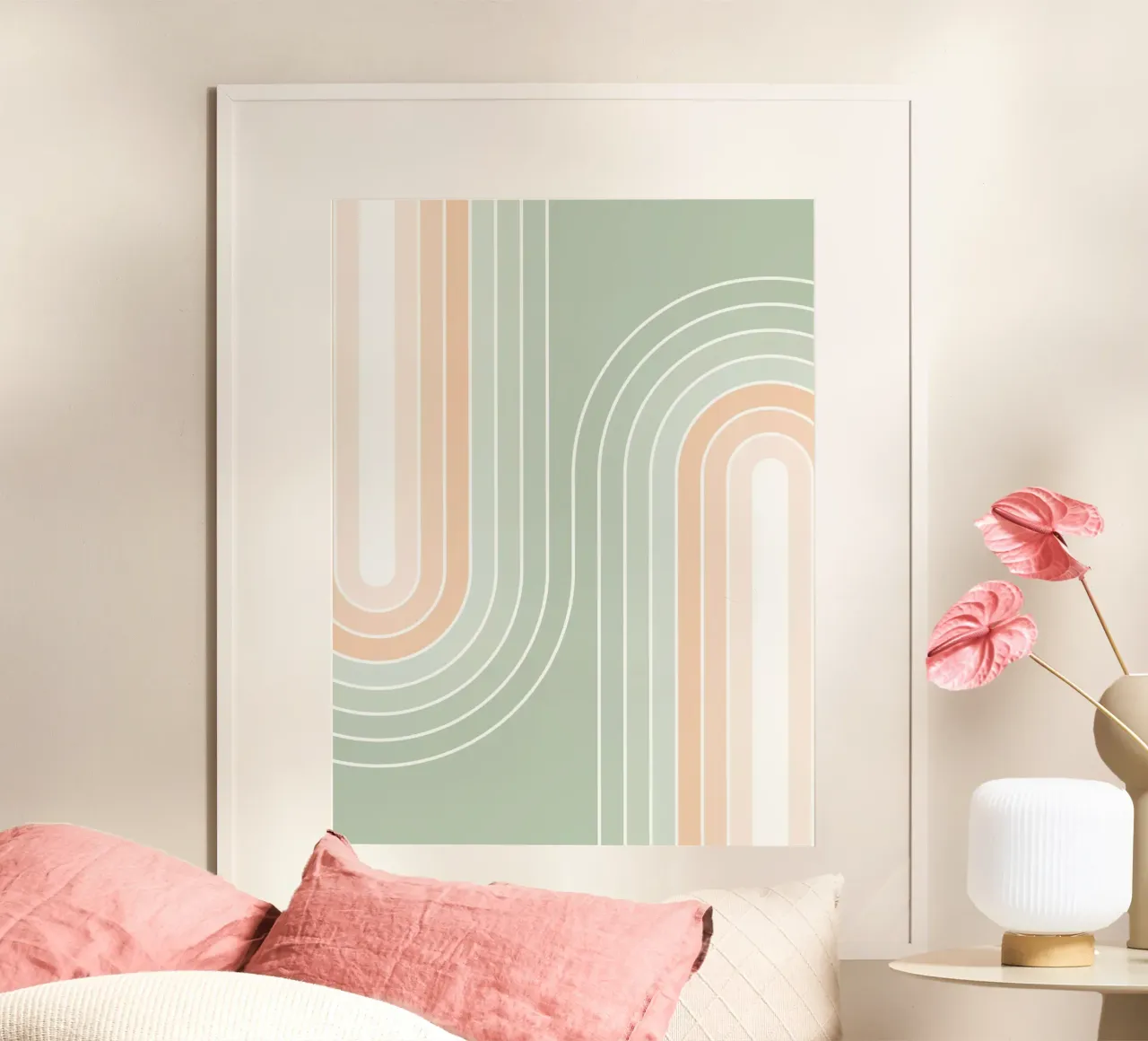 Doppio arcobaleno retrò - Verde salvia pastello e pesca fuzz carta hahnemühle da Dominique Vari Abstract
