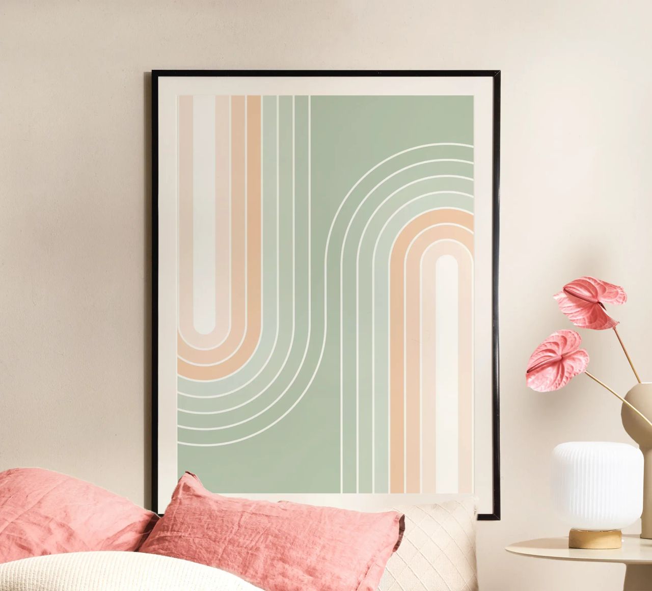 Doppio arcobaleno retrò - Verde salvia pastello e pesca fuzz carta hahnemühle da Dominique Vari Abstract