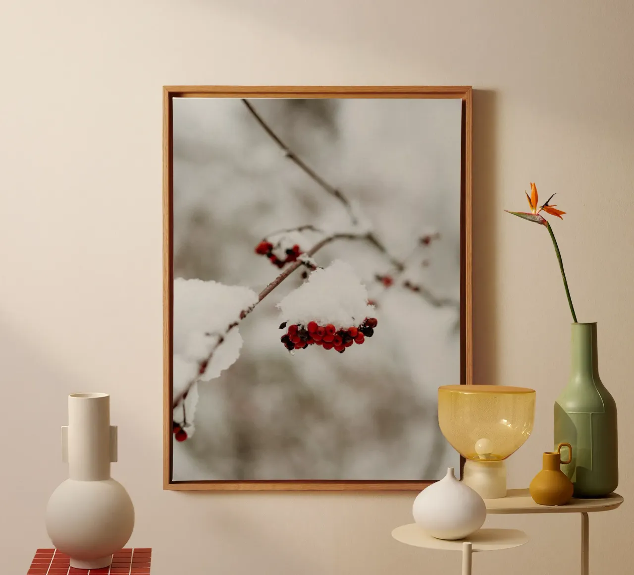 Red berries in the snow canvas with Floater frame by Whole©