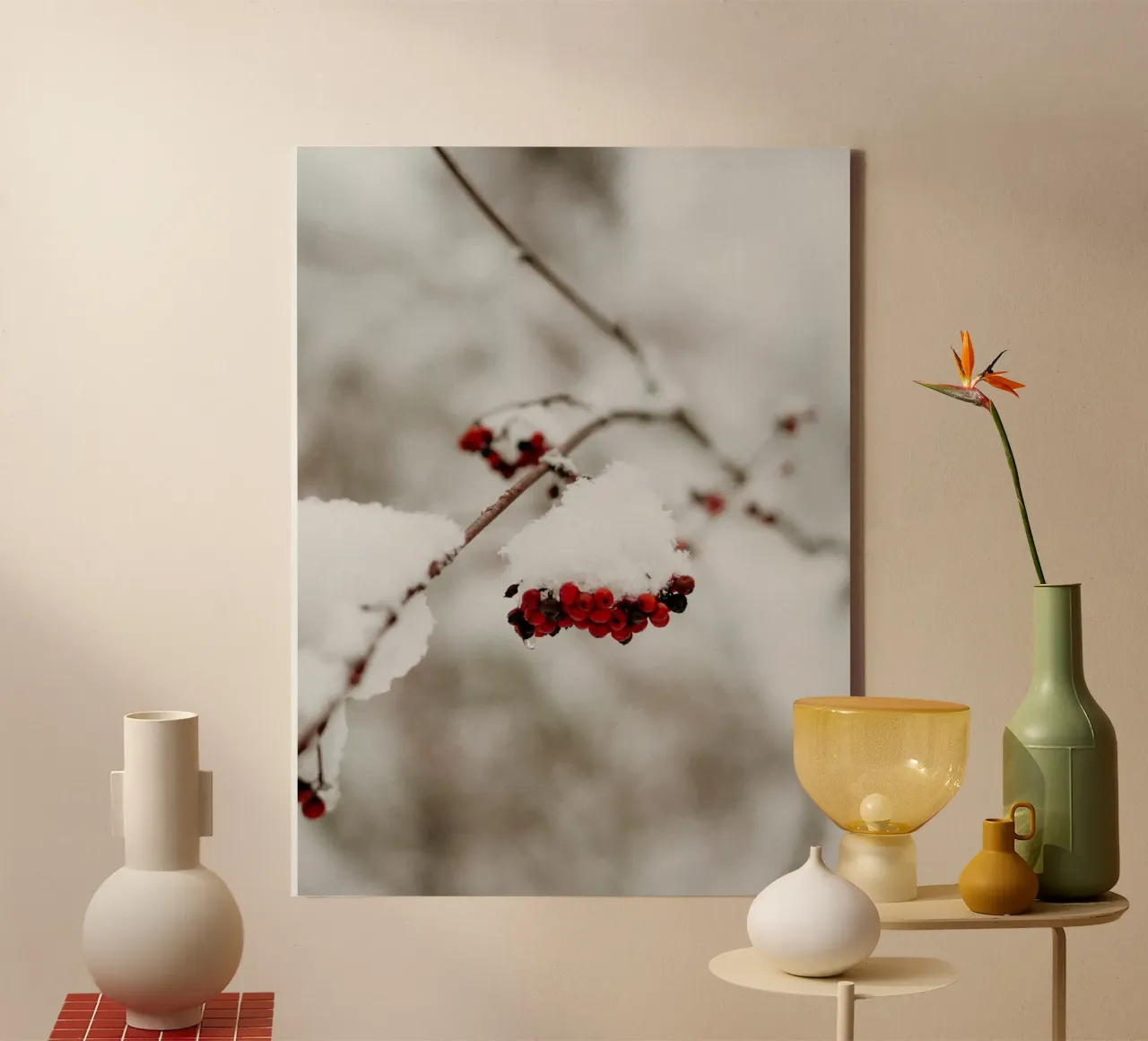 Red berries in the snow canvas with Floater frame by Whole©