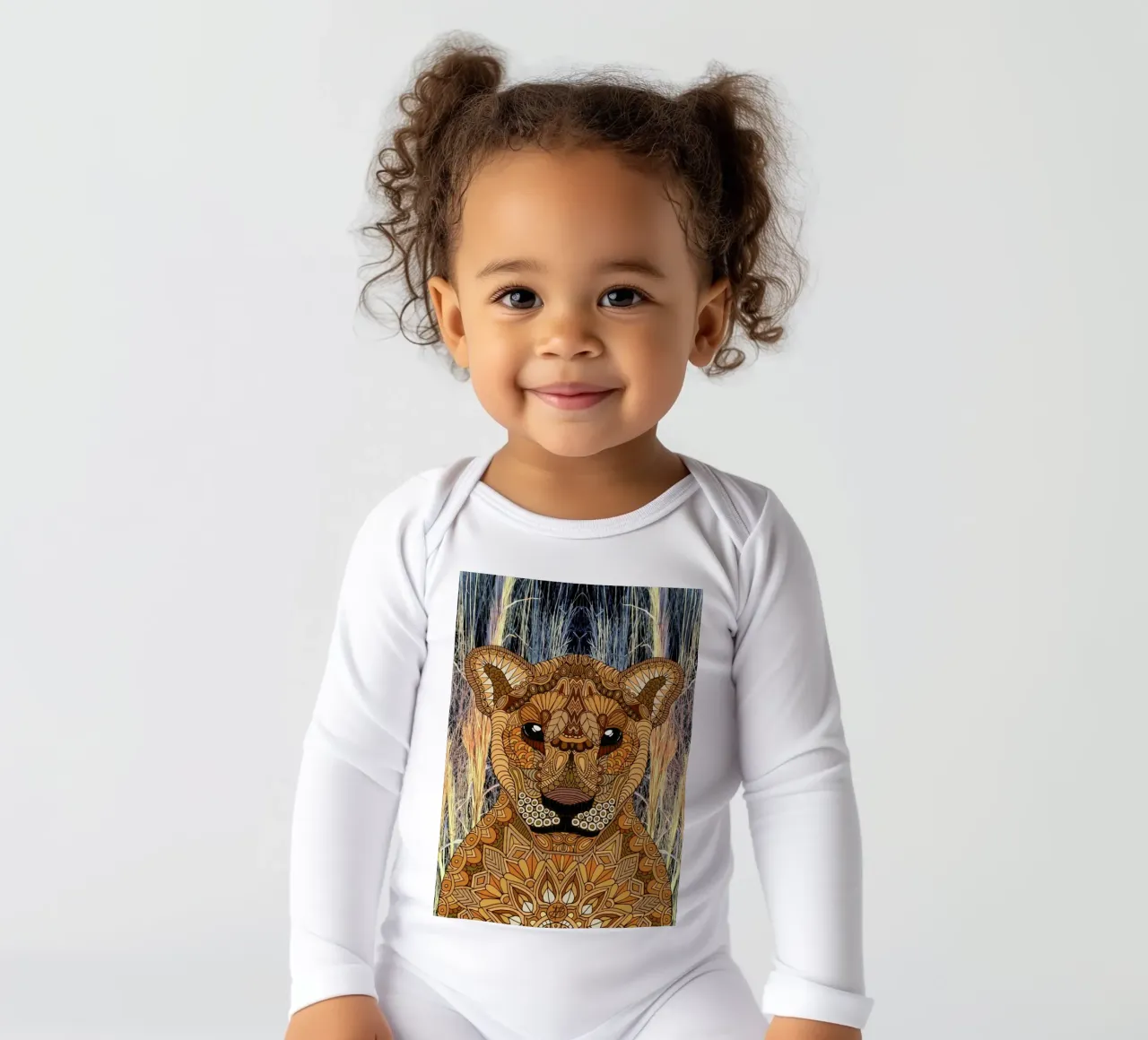 Lioness long-sleeve baby romper by Angelika Parker