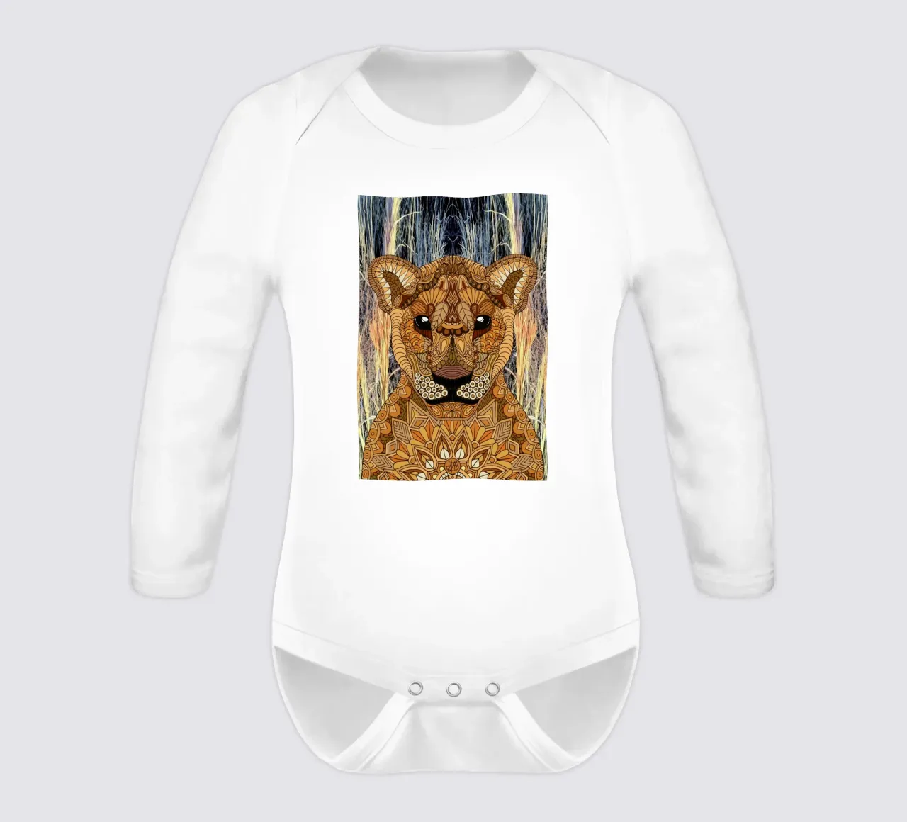 Lioness long-sleeve baby romper by Angelika Parker
