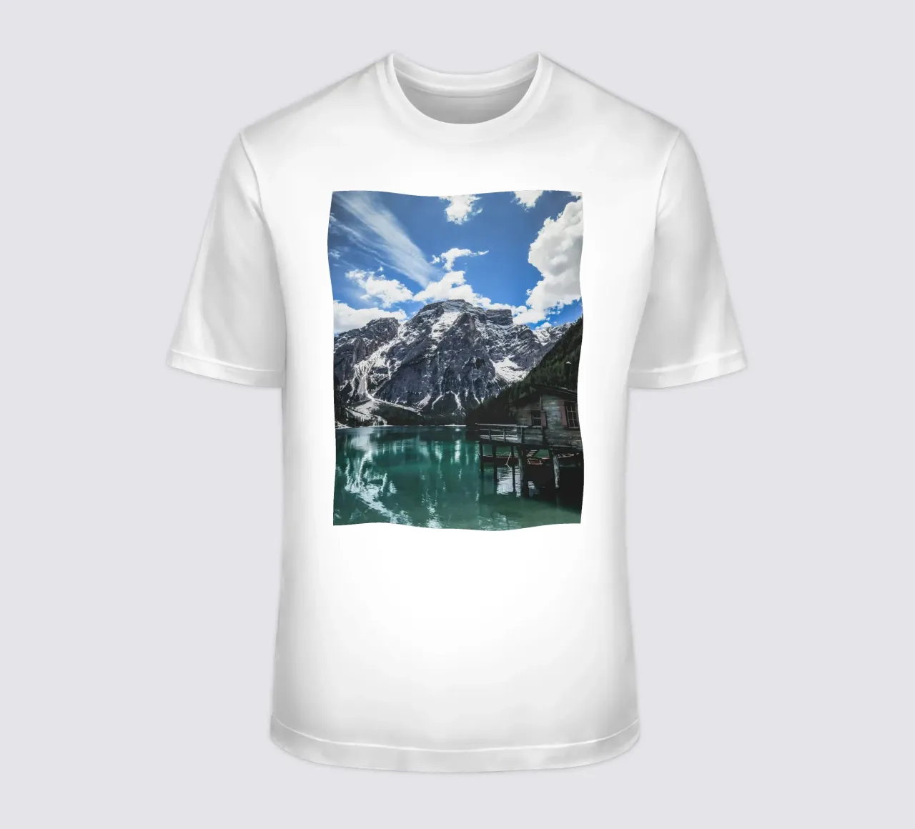 Mountain lake with wooden hut design t-shirt by Whole©