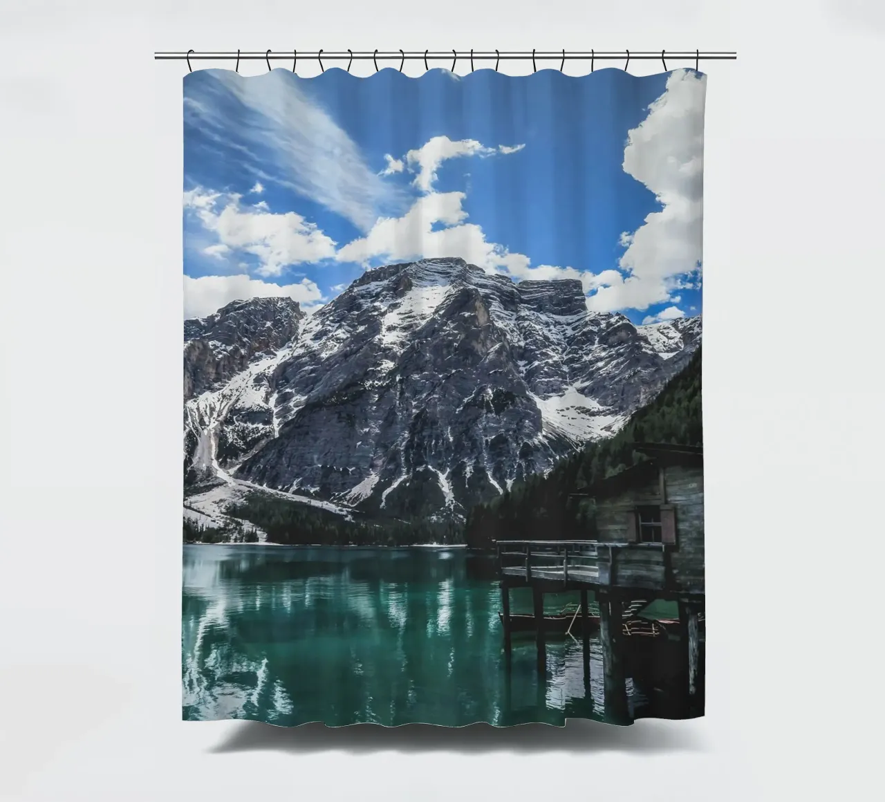 Mountain lake with wooden hut design shower curtain by Whole©