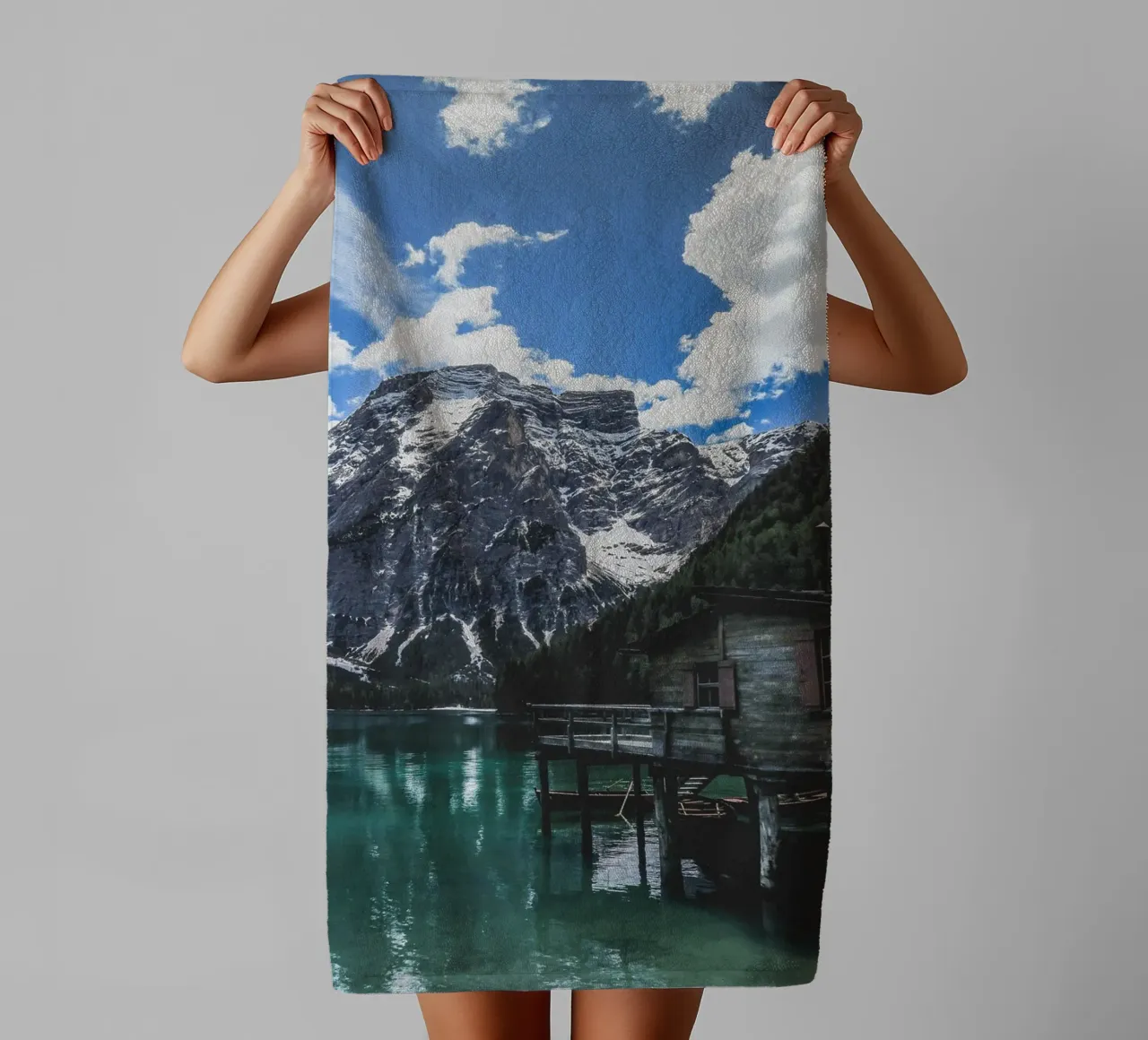 Mountain lake with wooden hut design towel by Whole©