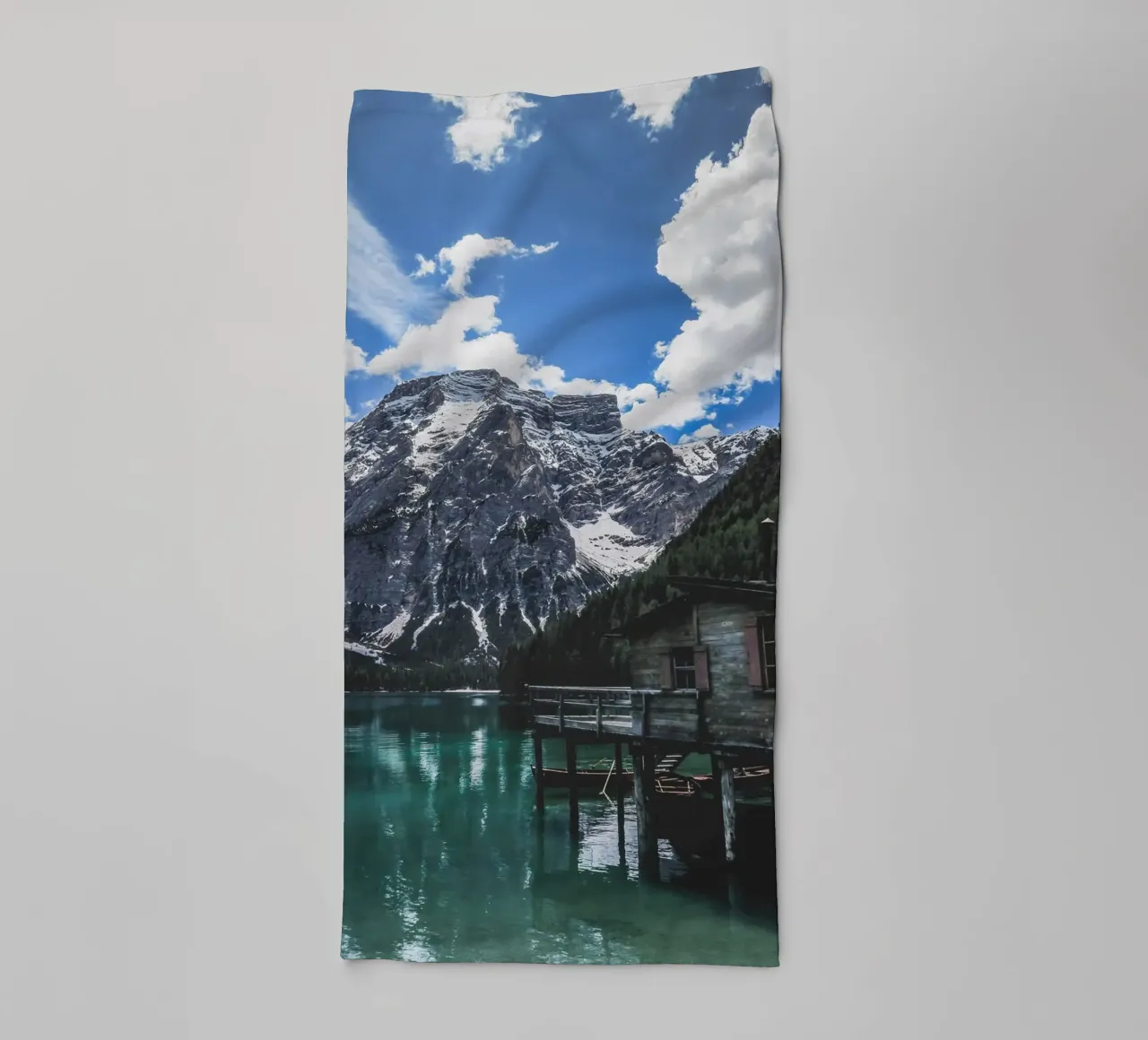 Mountain lake with wooden hut design towel by Whole©
