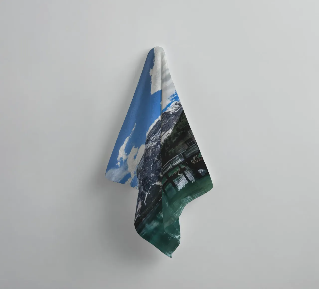 Mountain lake with wooden hut design towel by Whole©