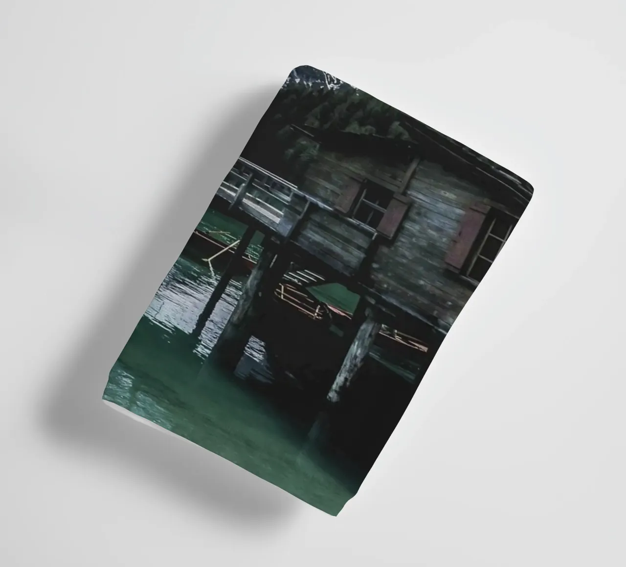 Mountain lake with wooden hut design towel by Whole©