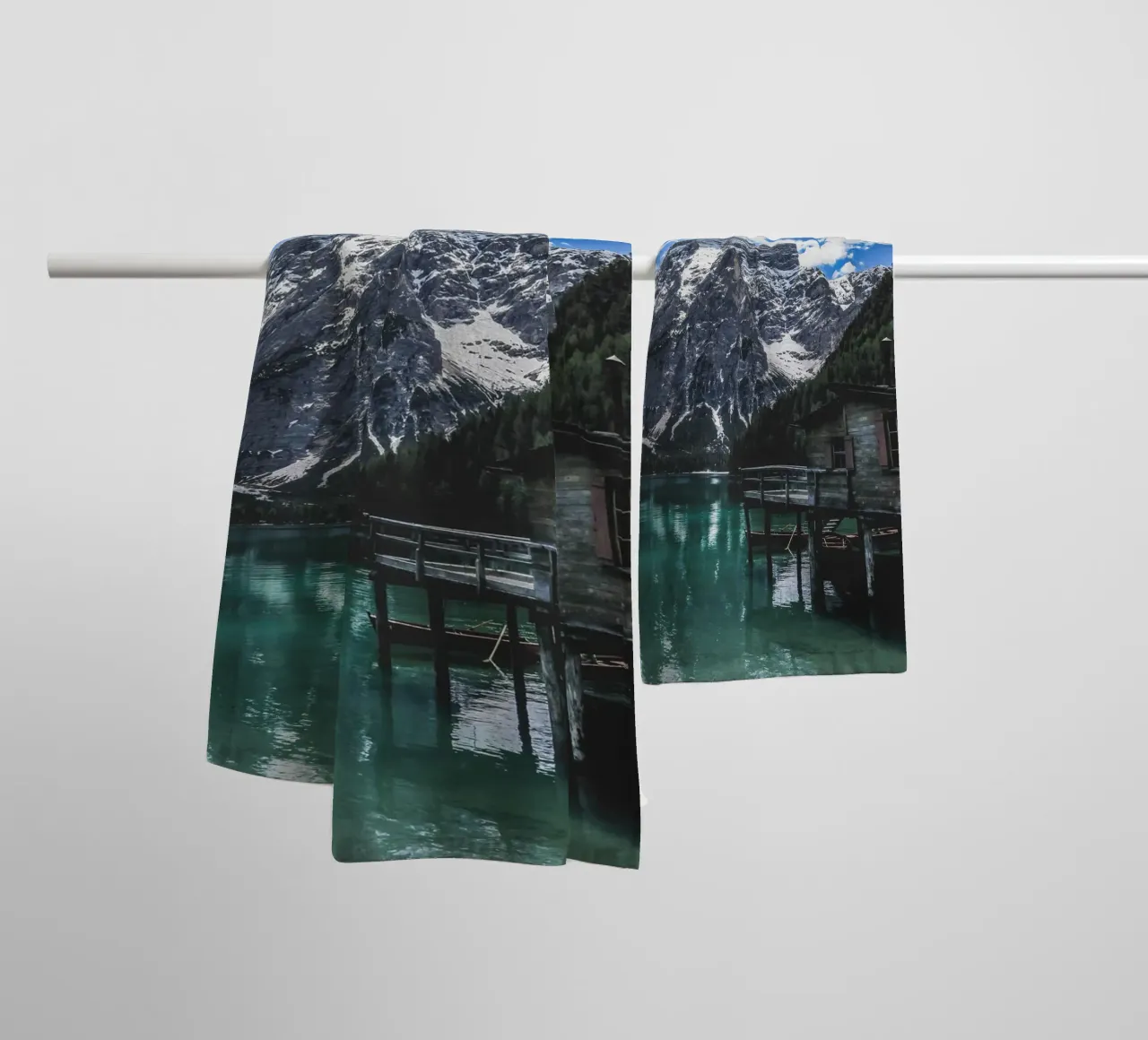 Mountain lake with wooden hut design towel by Whole©