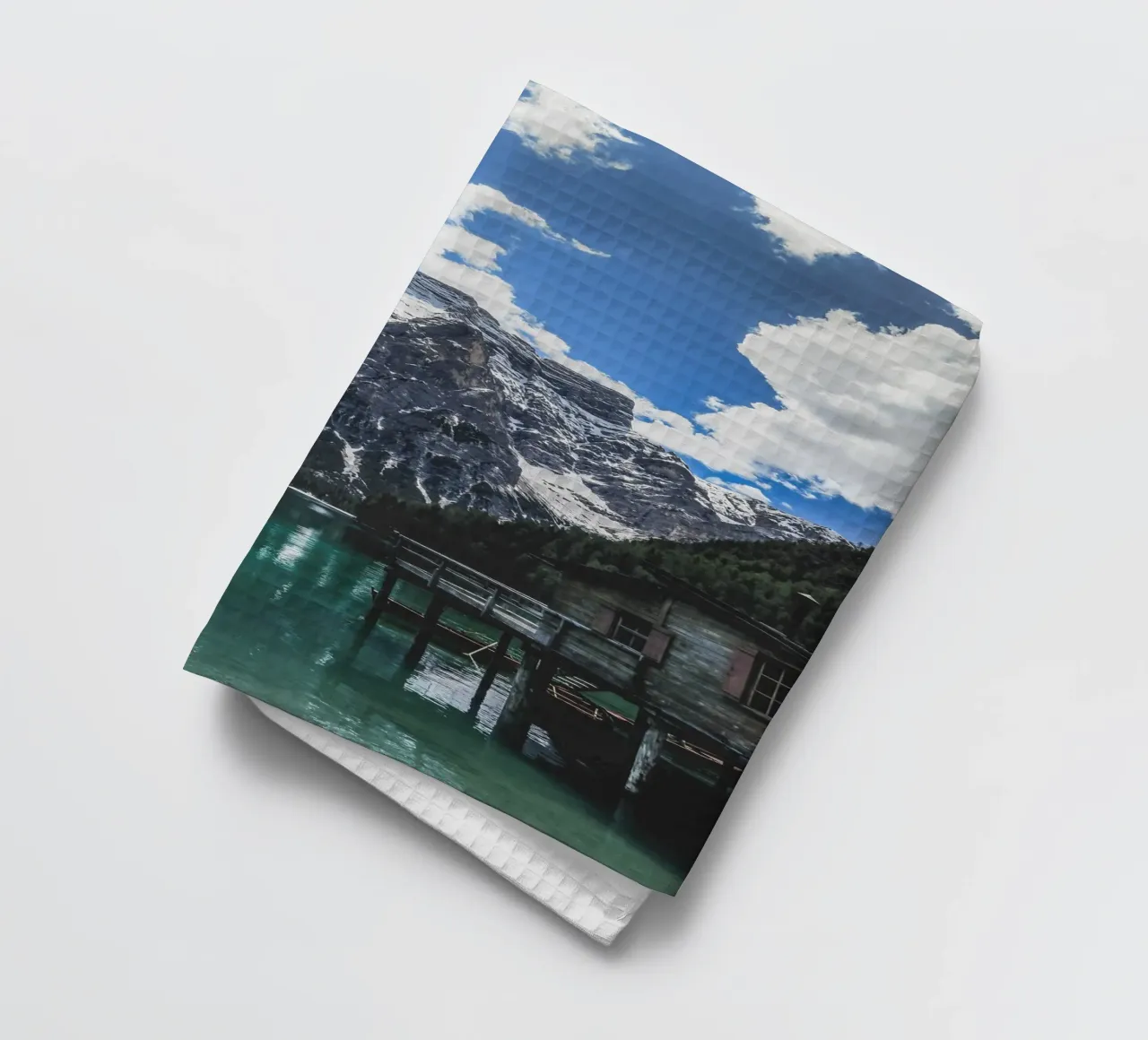 Mountain lake with wooden hut design tea towel by Whole©