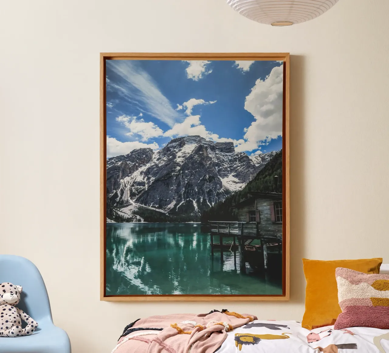Mountain lake with wooden hut design canvas by Whole©