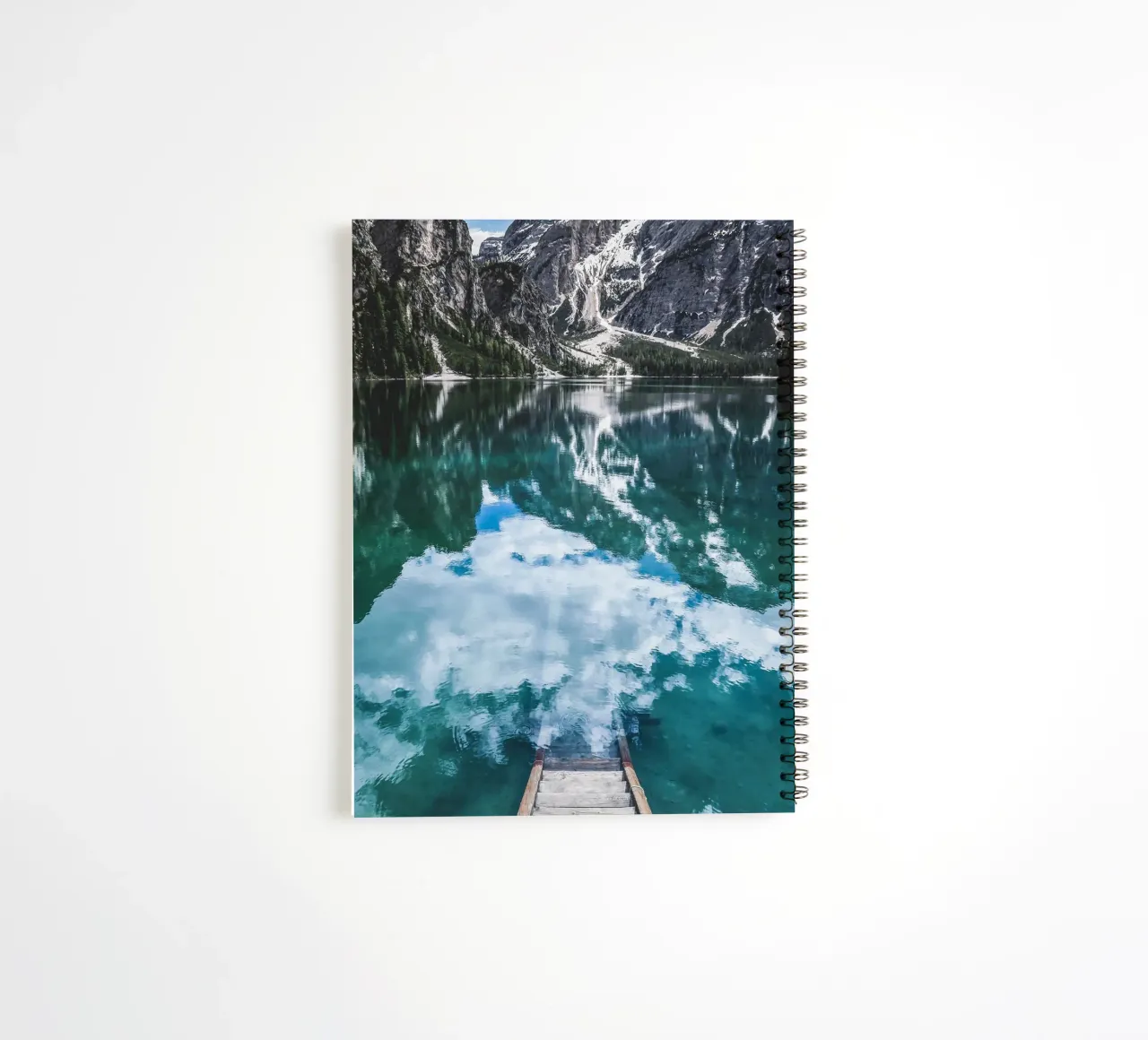 Reflecting mountain lake with jetty spiral notebook by Whole©