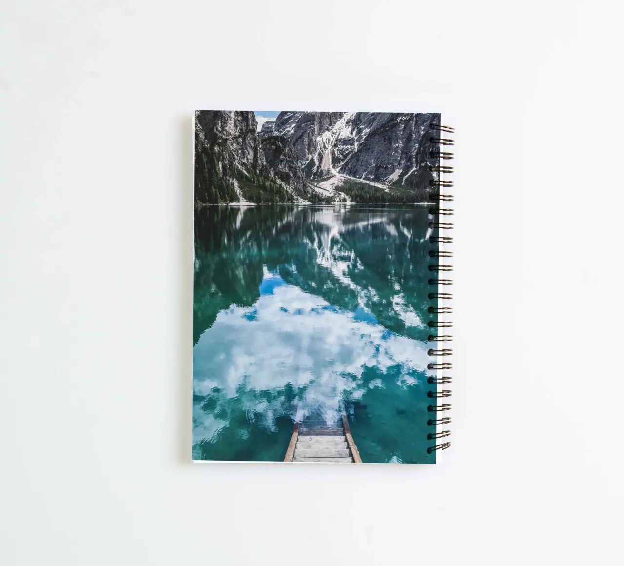 Reflecting mountain lake with jetty spiral notebook by Whole©