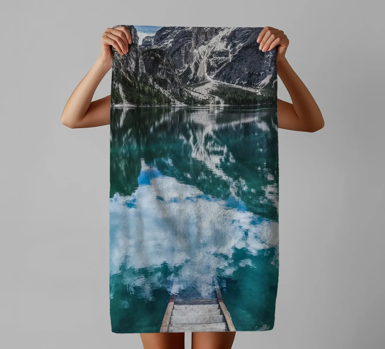 Reflecting mountain lake with jetty towel by Whole©