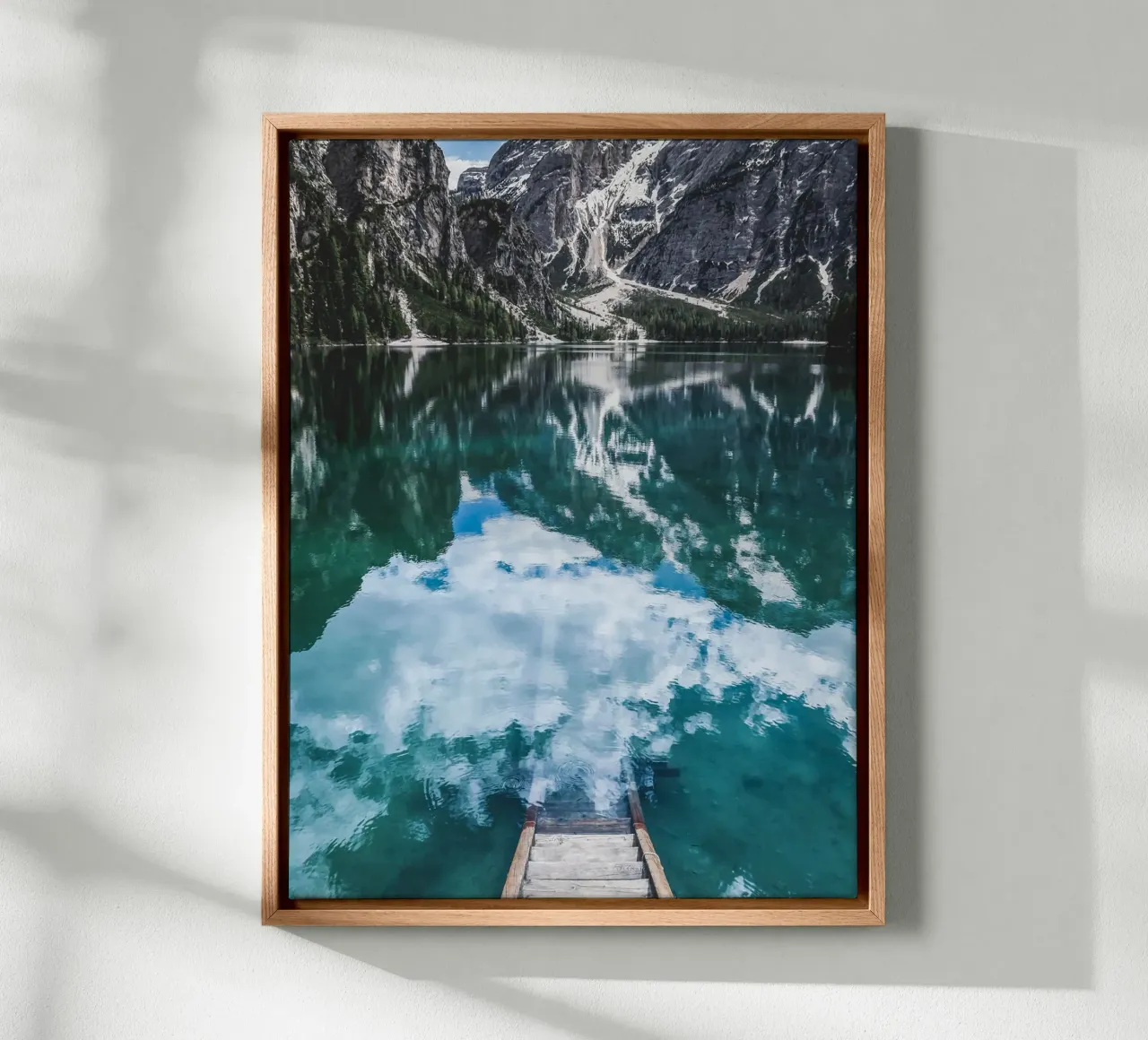 Reflecting mountain lake with jetty canvas by Whole©