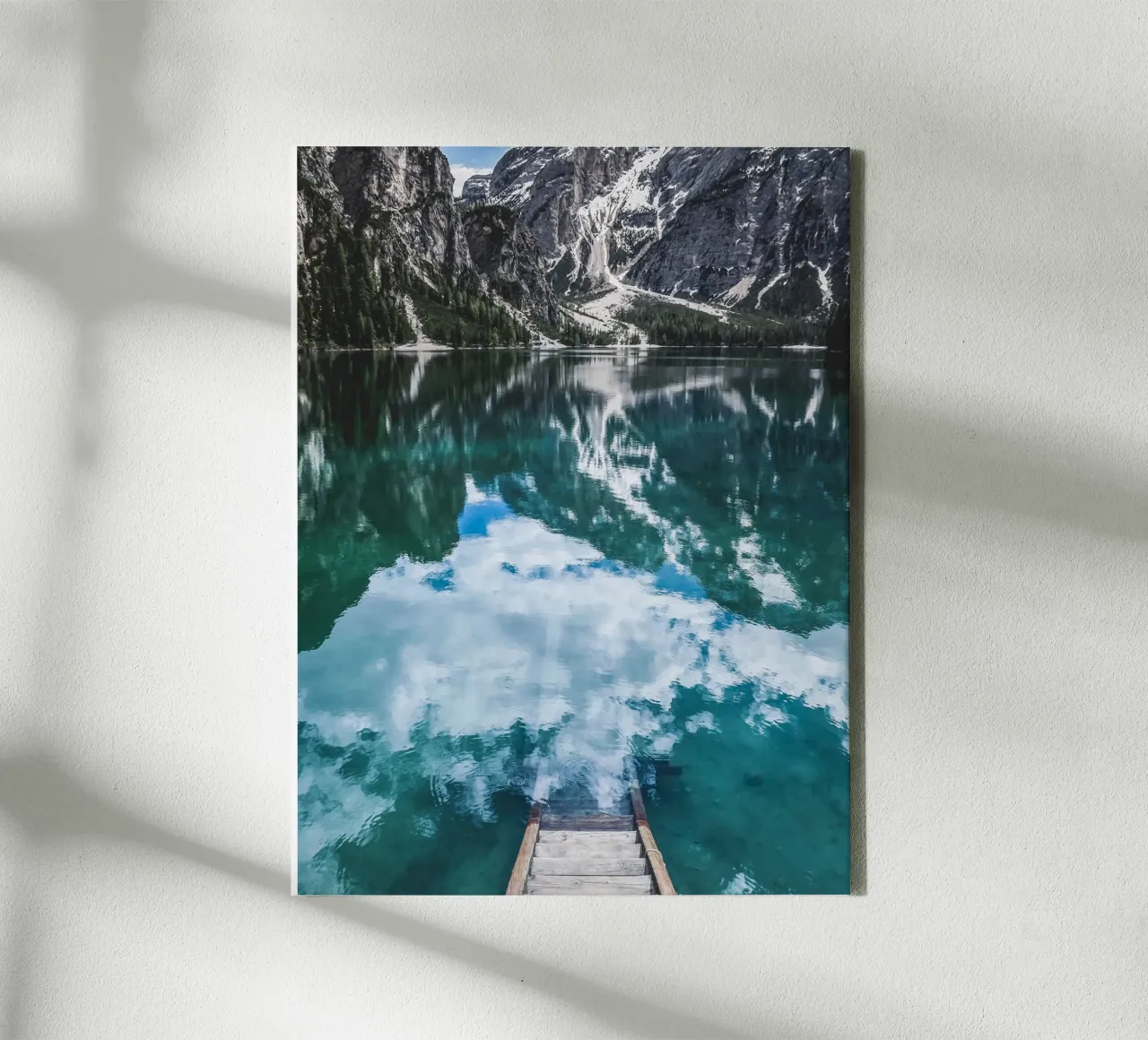 Reflecting mountain lake with jetty canvas by Whole©
