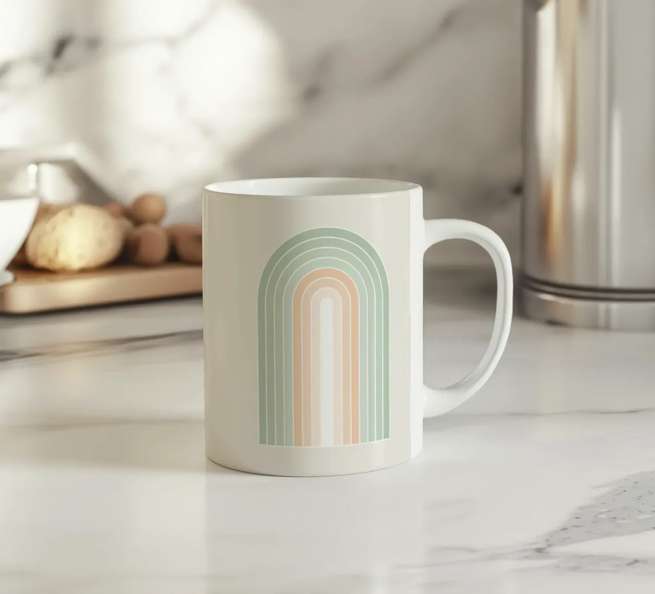 Serene Retro Rainbow - Pastel Sage Green and Peach Fuzz ceramic mug by Dominique Vari Abstract
