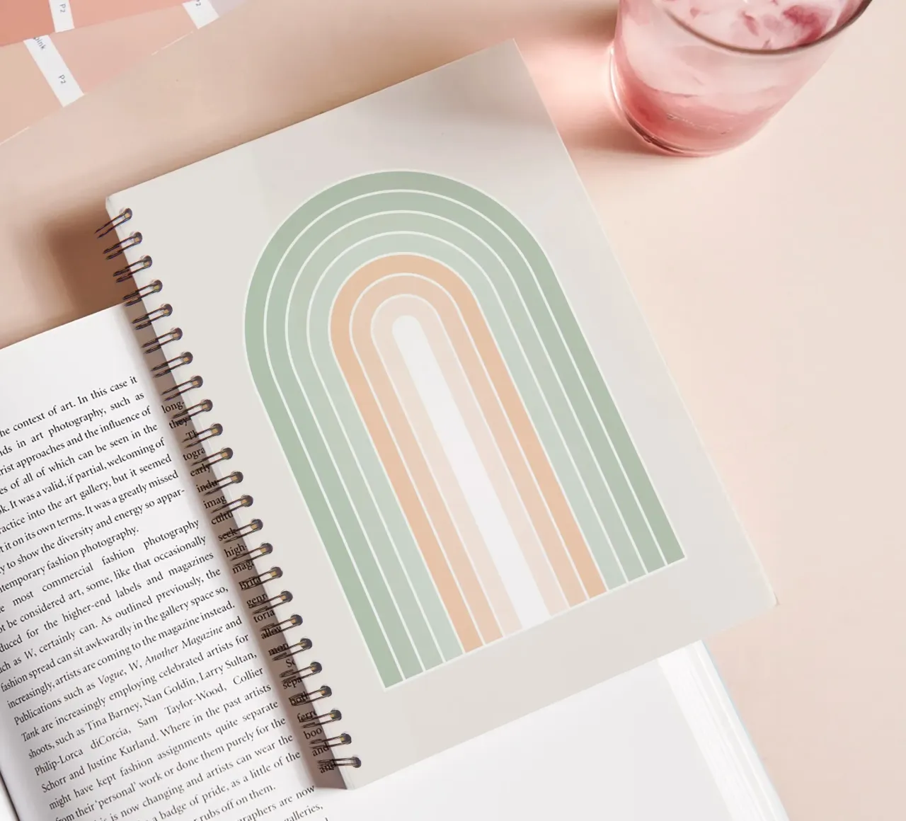 Serene Retro Rainbow - Pastel Sage Green and Peach Fuzz spiral notebook by Dominique Vari Abstract