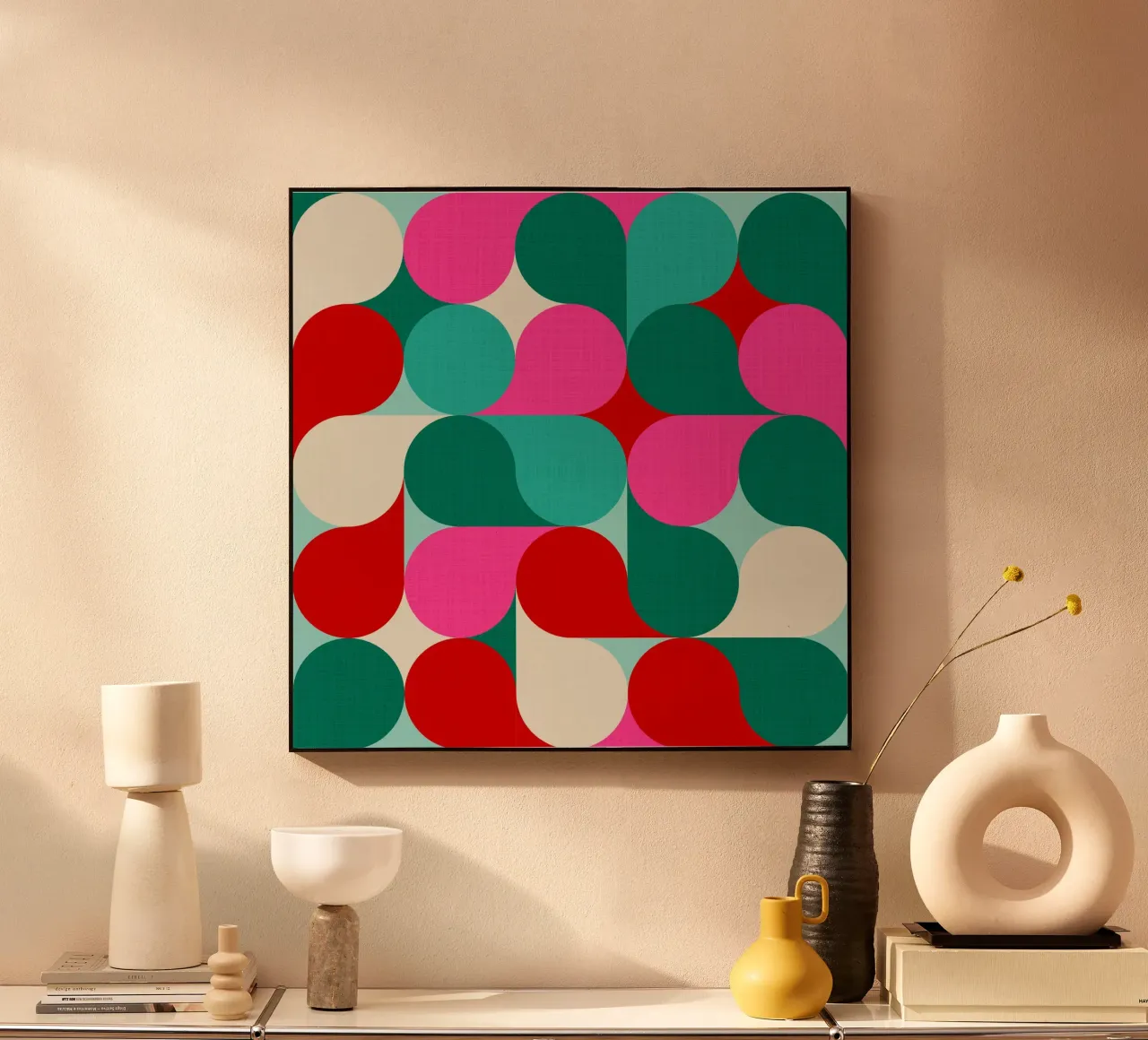 Retro Geometric Christmas Drop Pattern • Pink Teal Red Green alu-dibond by Dominique Vari Abstract