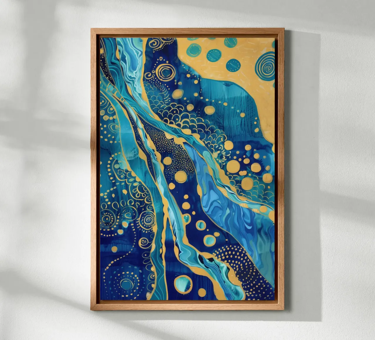 Abstract goudblauw rivierlandschap canvas met Baklijst van Autofocus