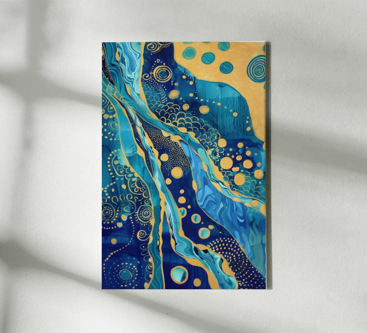 Abstract goudblauw rivierlandschap canvas met Baklijst van Autofocus
