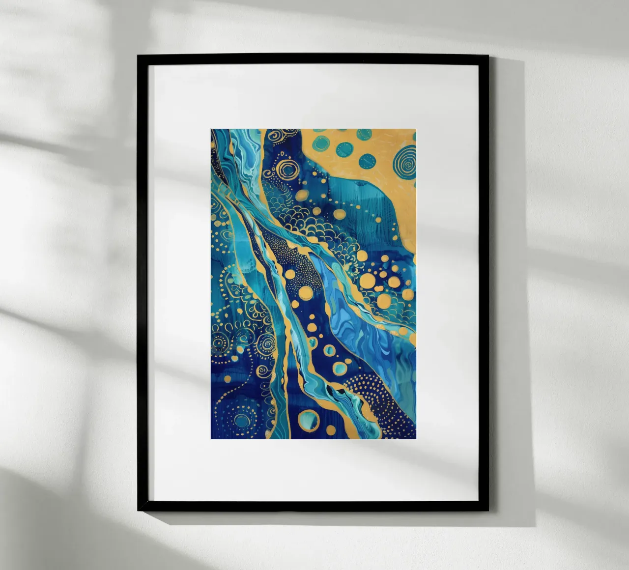Abstract goudblauw rivierlandschap poster met kunststof frame van Autofocus