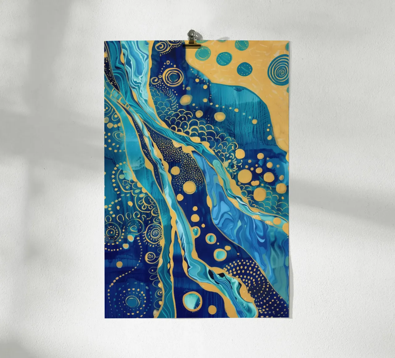 Abstract goudblauw rivierlandschap poster met kunststof frame van Autofocus