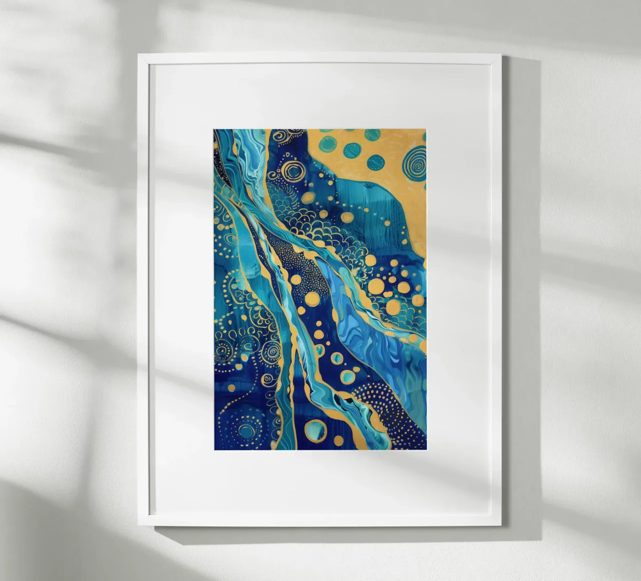 Abstract goudblauw rivierlandschap poster met kunststof frame van Autofocus
