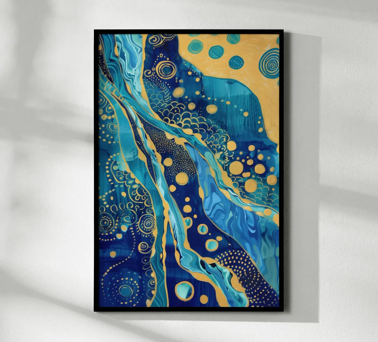 Abstract goudblauw rivierlandschap poster met kunststof frame van Autofocus