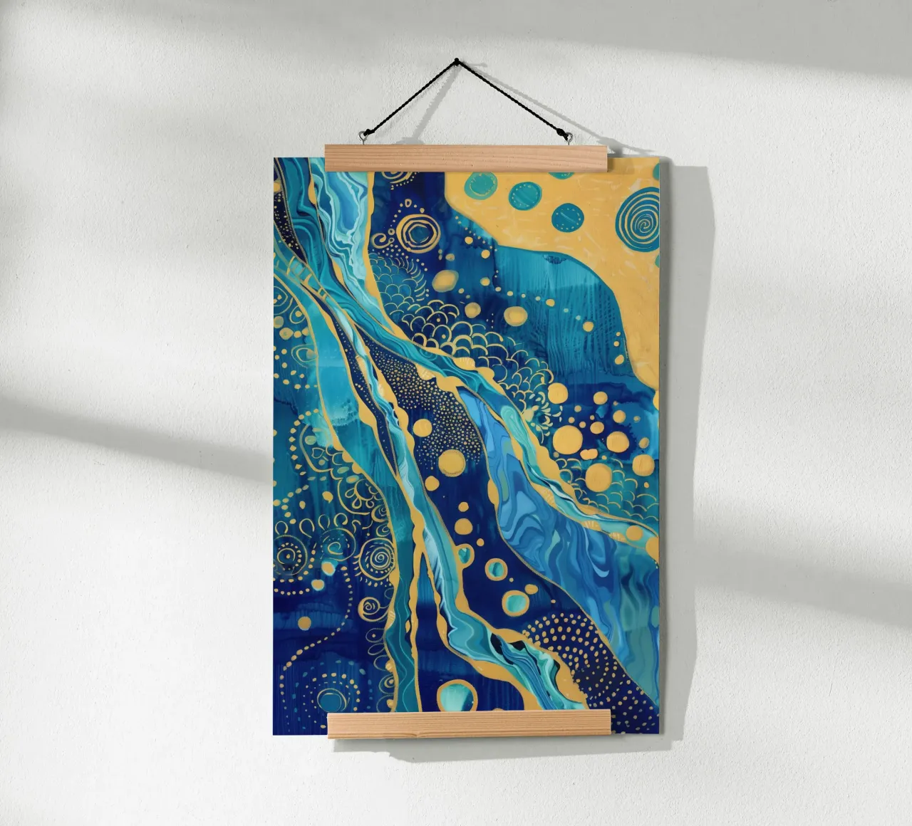 Abstract goudblauw rivierlandschap poster met kunststof frame van Autofocus