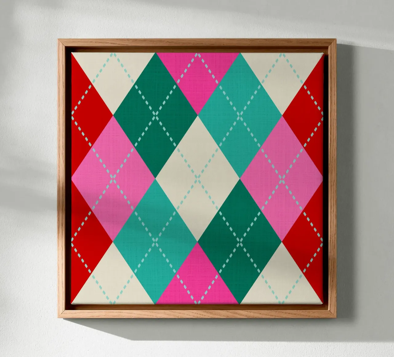 Navidad retro de punto Argyle - Rosa Teal Rojo Verde lienzo con Marco flotante de Dominique Vari Abstract