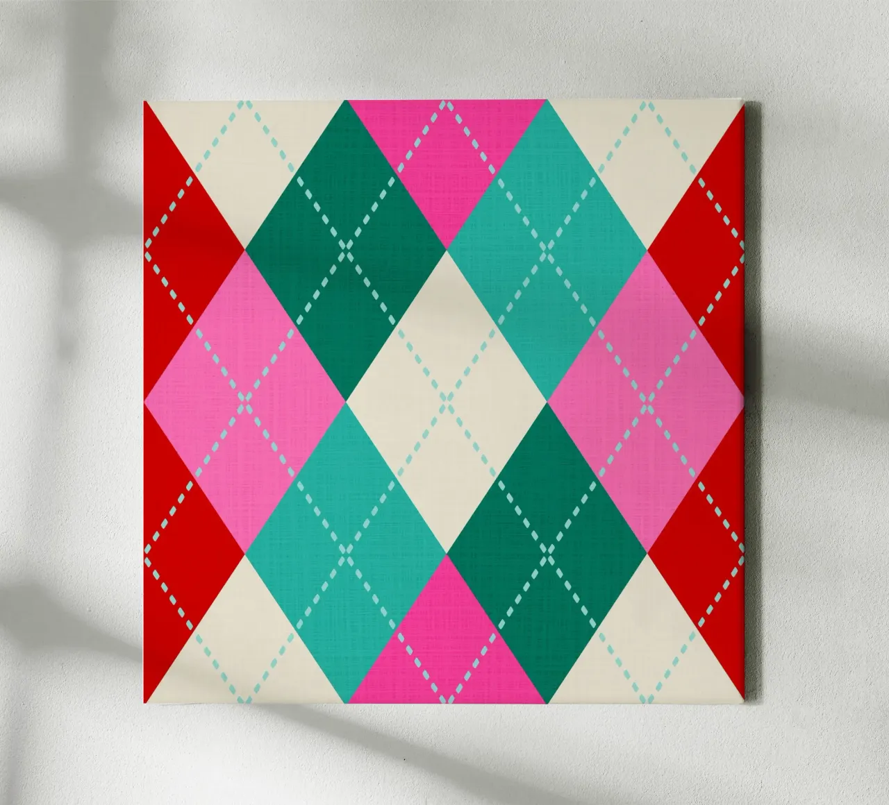 Navidad retro de punto Argyle - Rosa Teal Rojo Verde lienzo con Marco flotante de Dominique Vari Abstract