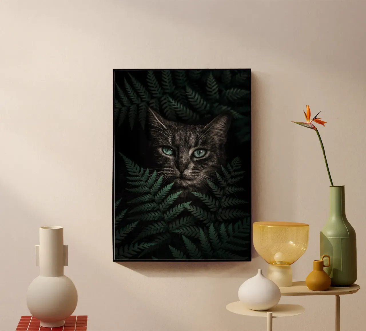 Gatto dagli occhi verdi con felci plexiglass da arizrab