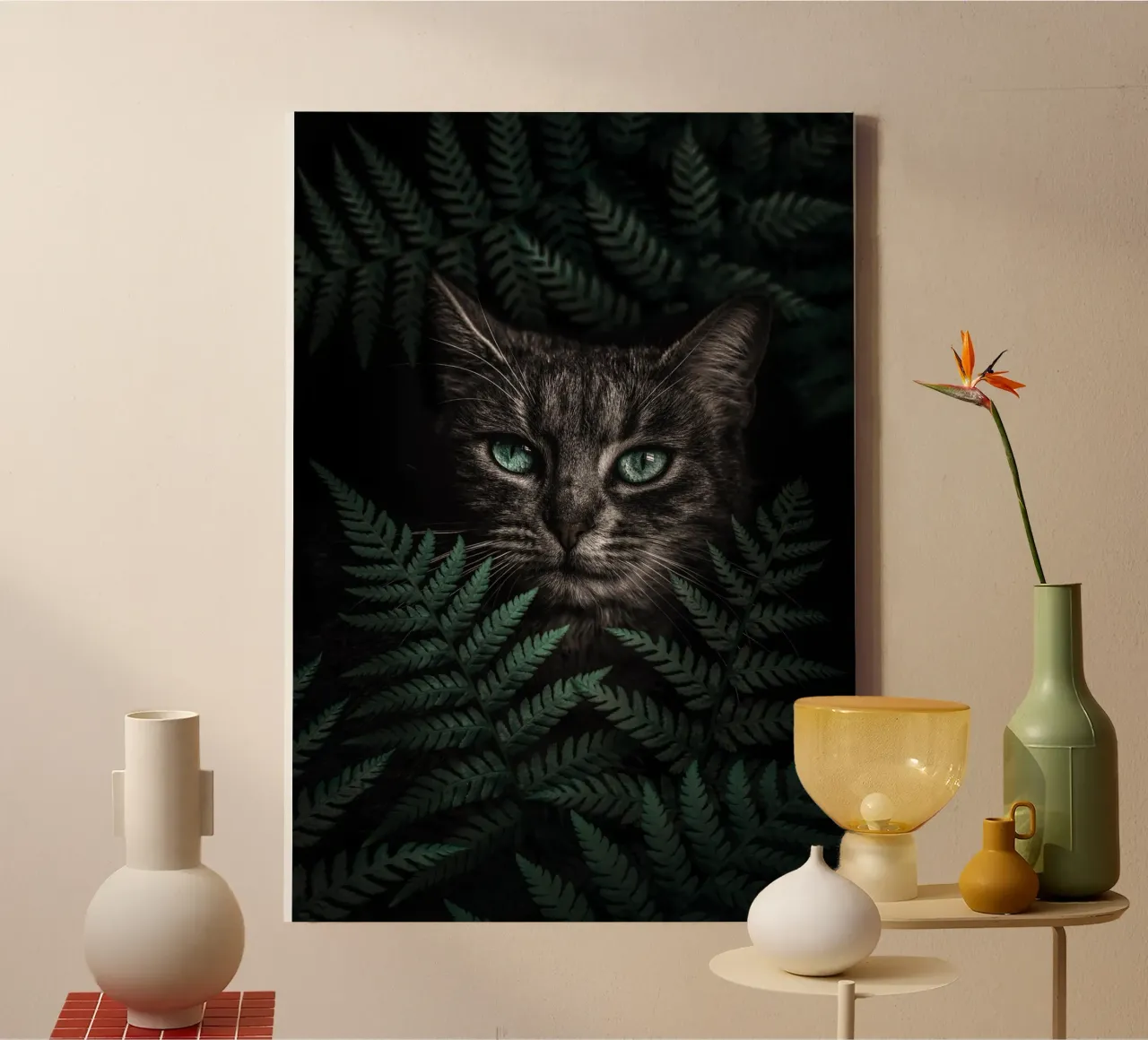 Green Eyes Cat With Ferns canvas by arizrab