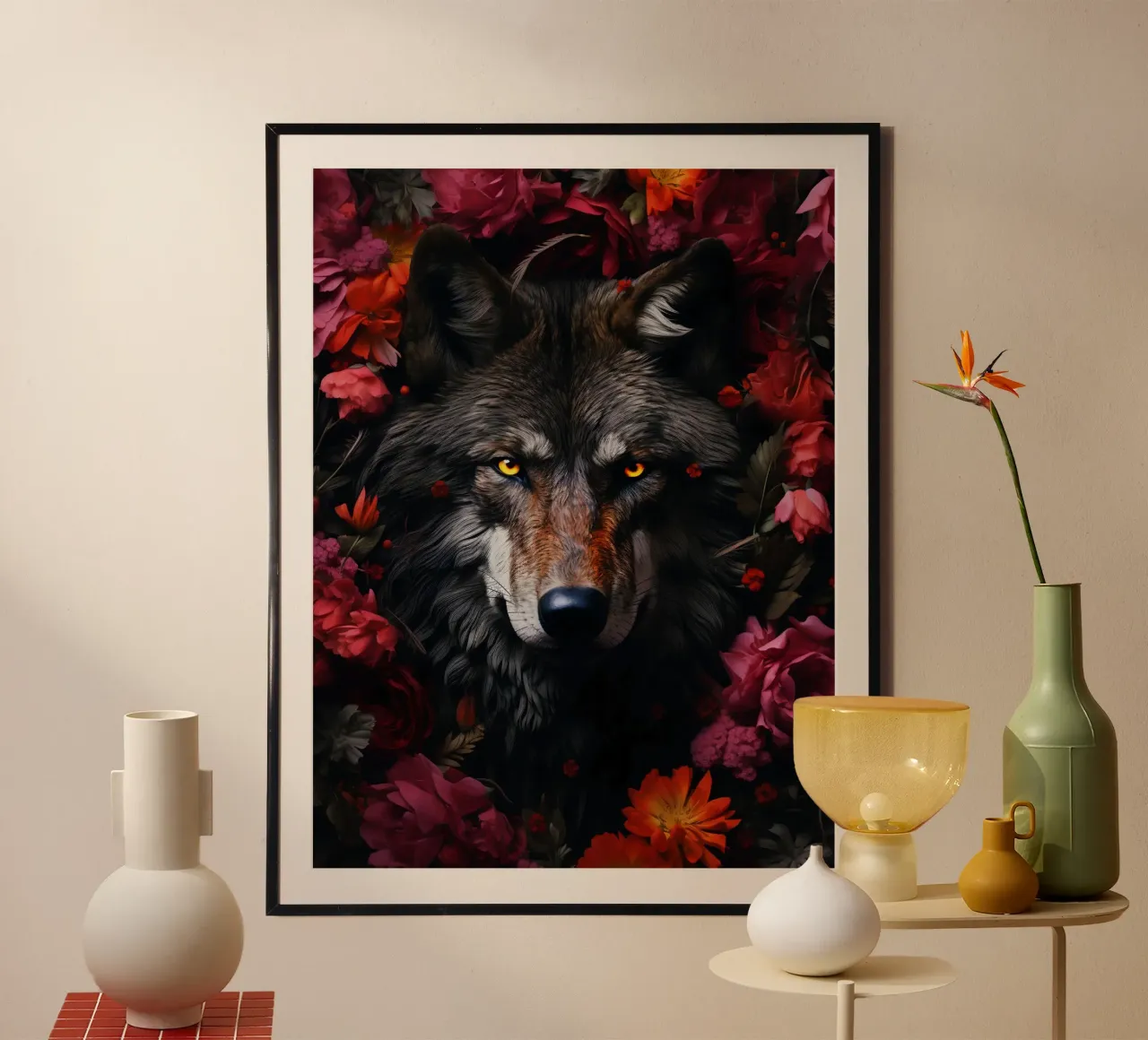 Wolf Flowers 2 poster con marco de plástico de Mateo