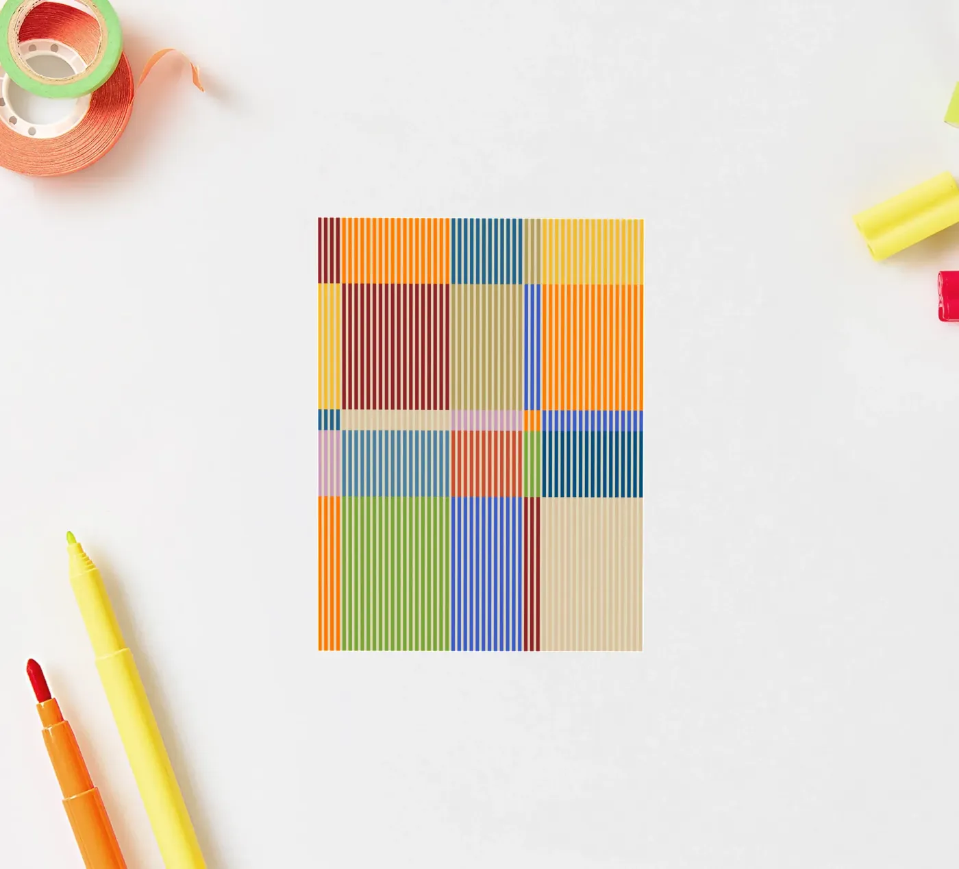 Colourful linear Bauhaus Patchwork lines Pattern 1 sticker by Dominique Vari Abstract
