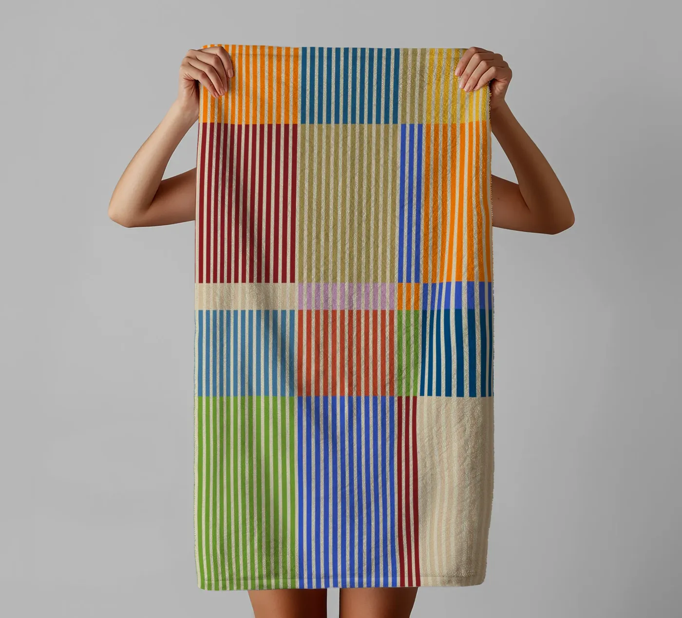 Colourful linear Bauhaus Patchwork lines Pattern 1 towel by Dominique Vari Abstract