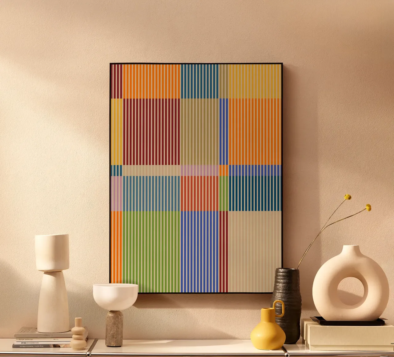 Colourful linear Bauhaus Patchwork lines Pattern 1 acrylic glass by Dominique Vari Abstract